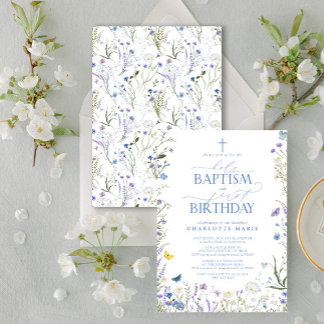 Elegant Holy Baptism & 1st Birthday Blue Flowers Invitation