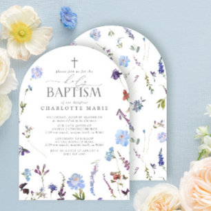 Elegant Holy Baptism Script Dusty Blue Wildflower Invitation