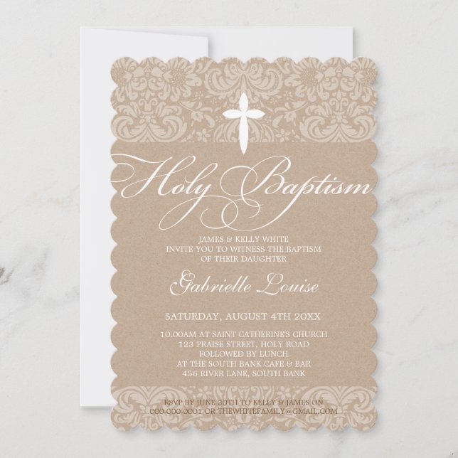 ELEGANT HOLY BAPTISM stylish damask script kraft Invitation (Front)