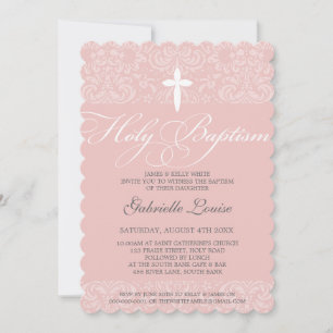 ELEGANT HOLY BAPTISM stylish damask script pink Invitation