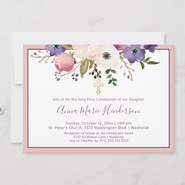 Elegant Holy First Communion Pink and Purple Girl Invitation (Front)