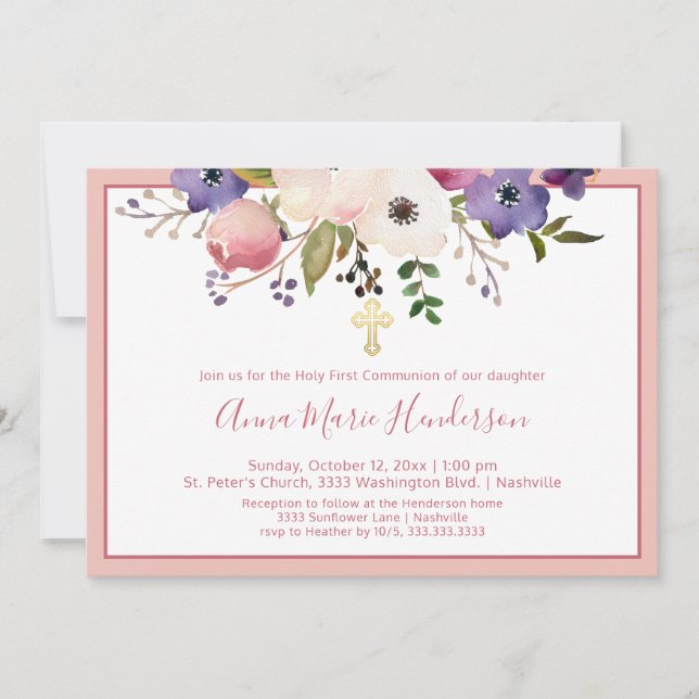Elegant Holy First Communion Pink Floral Girl Invitation (Front)