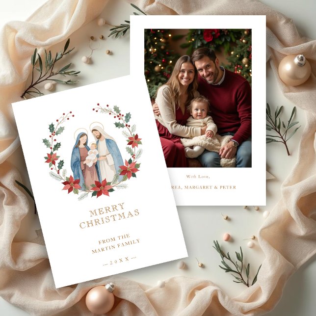 Elegant Holy Nativity Family Christmas Photo  Holiday Card (Elegant Holy Nativity Family Christmas Holidays Cards with Back Family Photo.)