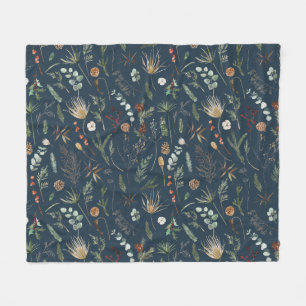 Elegant home decor navy blue botanical modern fleece blanket