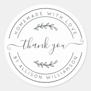 Elegant Homemade With Love Black White Thank You Classic Round Sticker