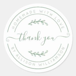 Elegant Homemade With Love Green White Thank You Classic Round Sticker