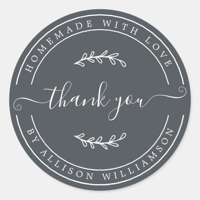 Elegant Homemade With Love Off-Black Thank You Classic Round Sticker (Front)