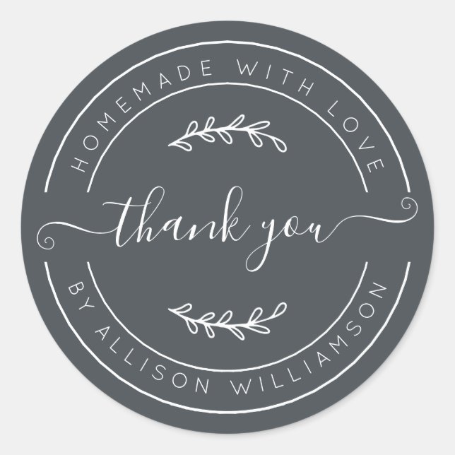Elegant Homemade With Love Off-Black Thank You Classic Round Sticker (Front)