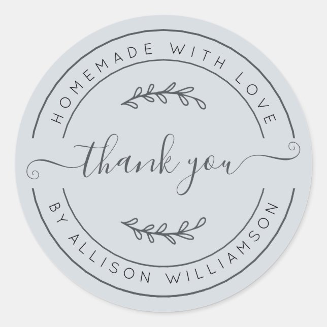 Elegant Homemade With Love Pastel Blue Thank You Classic Round Sticker (Front)