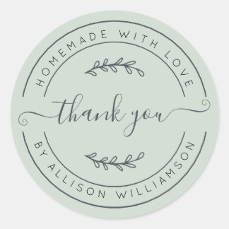 Elegant Homemade With Love Pastel Green Thank You Classic Round Sticker