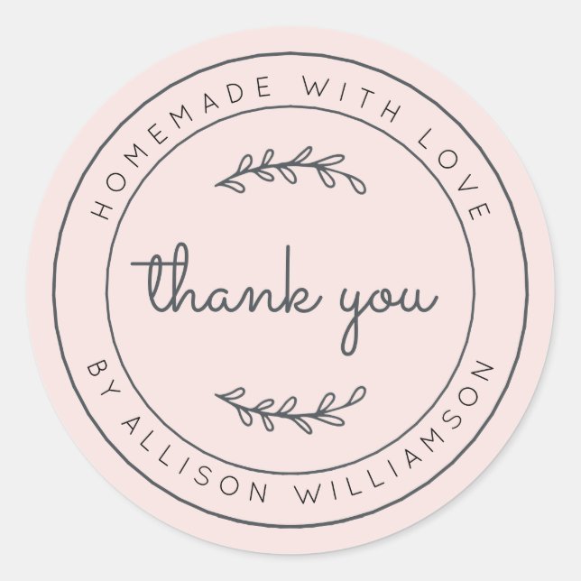 Elegant Homemade With Love Pastel Pink Thank You Classic Round Sticker (Front)