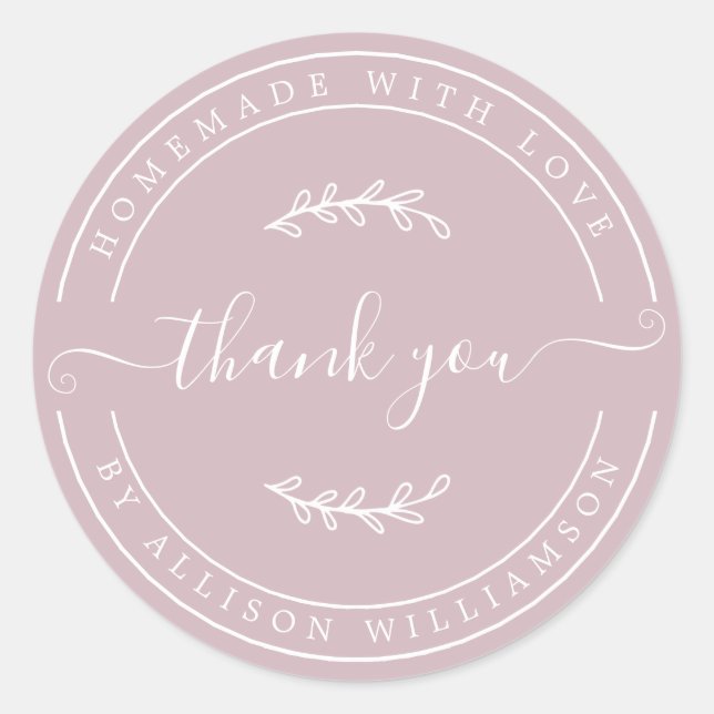 Elegant Homemade With Love Pastel Purple Thank You Classic Round Sticker (Front)