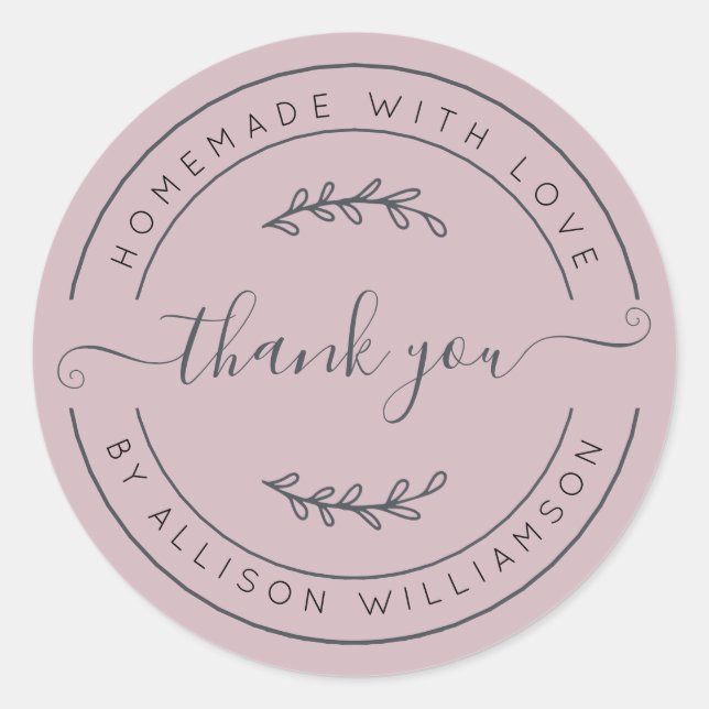Elegant Homemade With Love Pastel Purple Thank You Classic Round Sticker (Front)