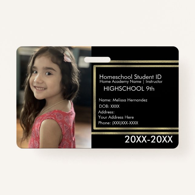Elegant Homeschooling School ID Black Gold ID Badge (Front)