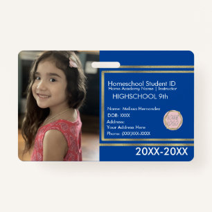 Elegant Homeschooling School ID Blue Gold Logo ID Badge