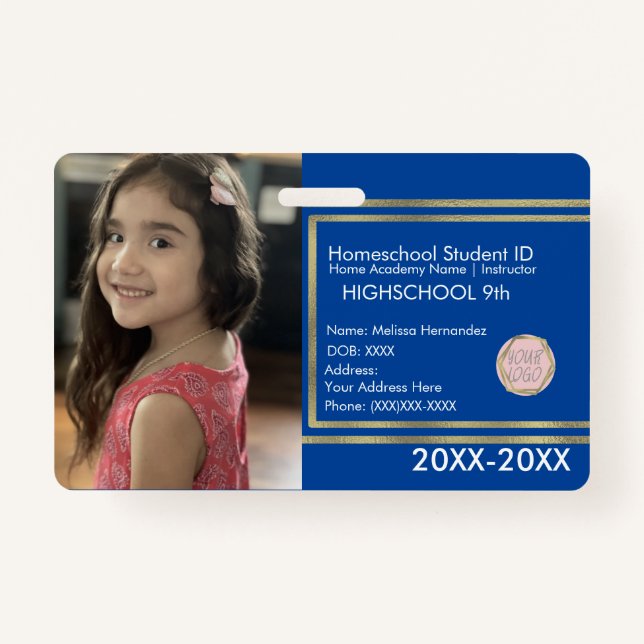 Elegant Homeschooling School ID Blue Gold Logo ID Badge (Front)