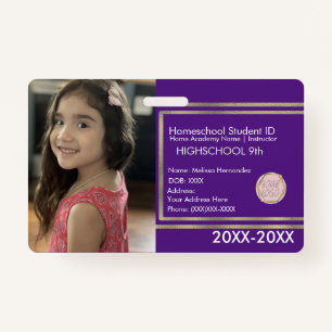 Elegant Homeschooling School ID Purple Gold Logo ID Badge