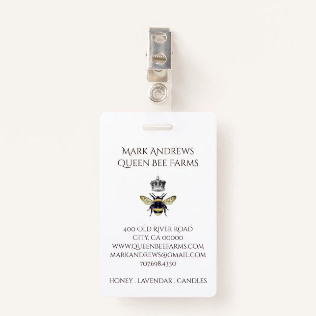 Elegant Honey Bee And Crown Farms Apiary ID Badge (Front with Clip)