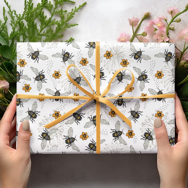 Elegant Honey Bee, Cream Daisies and Black Dots Wrapping Paper (Creator Uploaded)