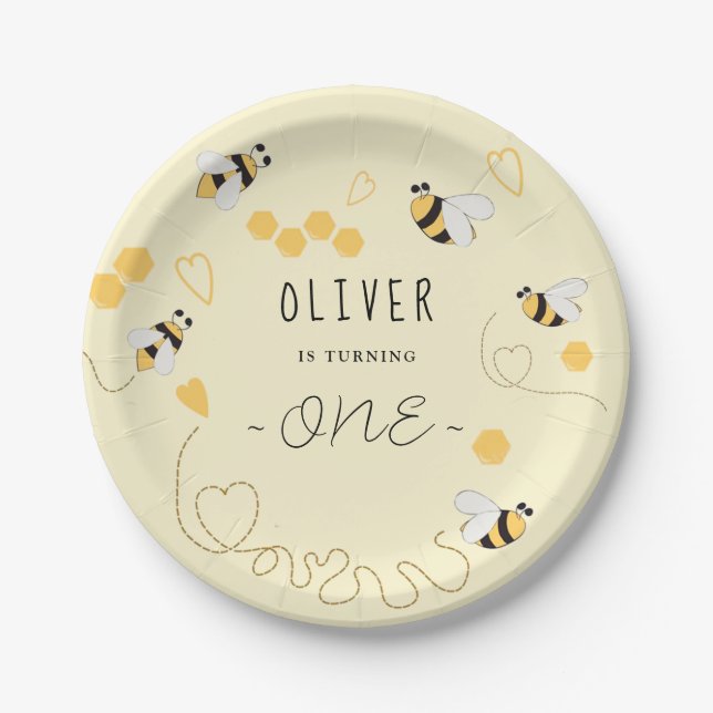 Elegant honey bee first bee-day birthday paper plate (Front)