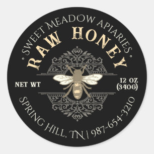 Elegant Honeybee on French Filagree Honey Black  Classic Round Sticker