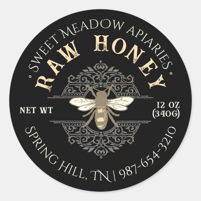 Elegant Honeybee on French Filagree Honey Black  Classic Round Sticker (Front)