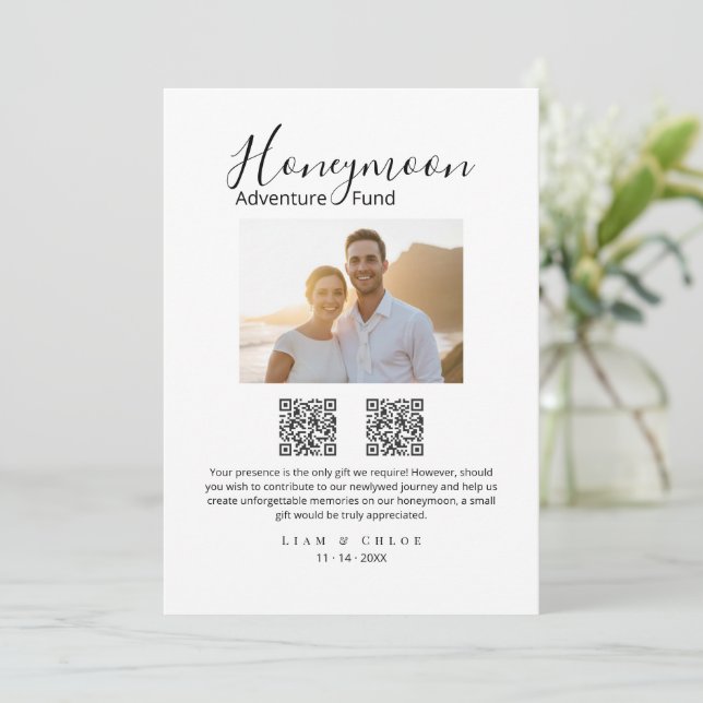 Elegant Honeymoon Fund QR Code Wedding Sign photo Invitation (Standing Front)