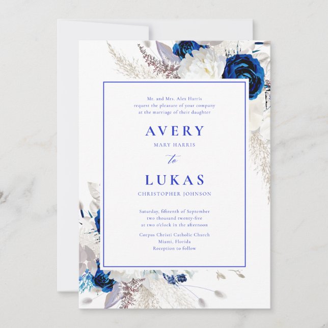 Elegant Horizon Blue & White Floral Wedding Invita Invitation (Front)