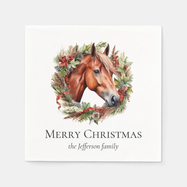 Elegant Horse and Wreath Merry Christmas Napkins (Front)