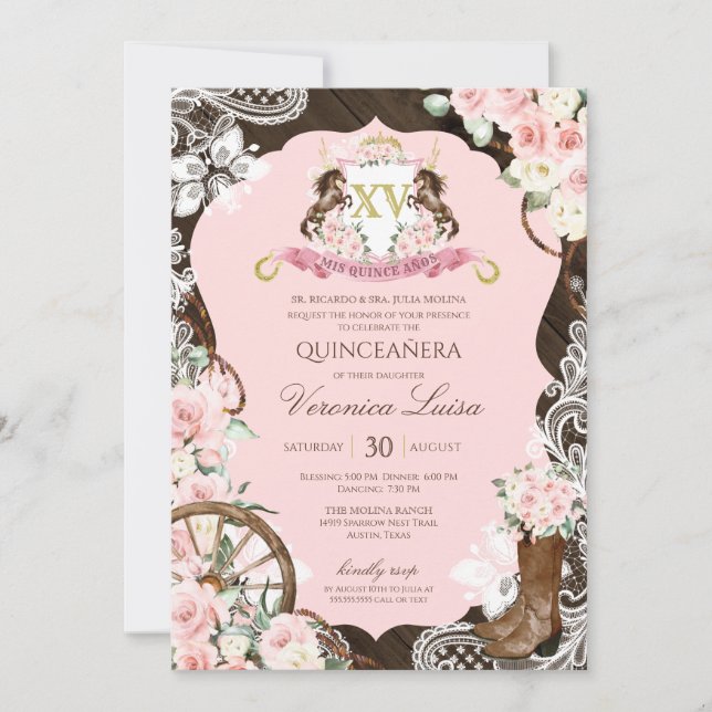 Elegant Horse Crest Rustic Pink Charro Quinceanera Invitation (Front)