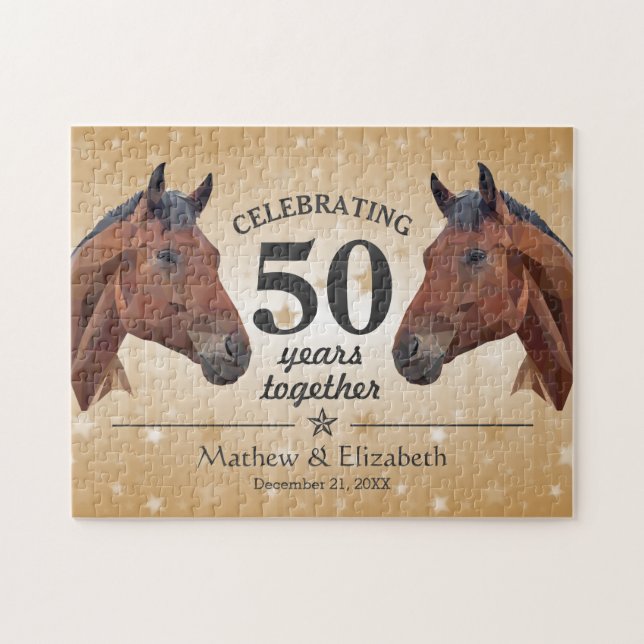 Elegant Horse Custom Gold 50th Wedding Anniversary Jigsaw Puzzle (Horizontal)