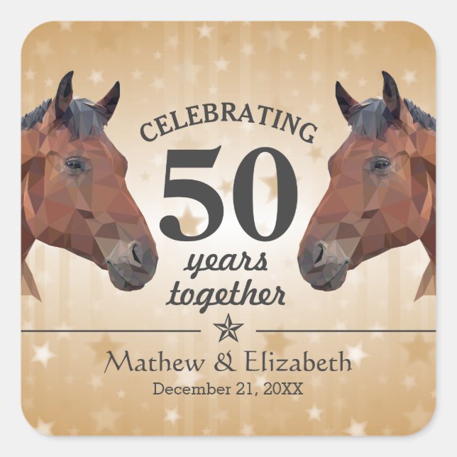 Elegant Horse Custom Gold 50th Wedding Anniversary Square Sticker (Front)