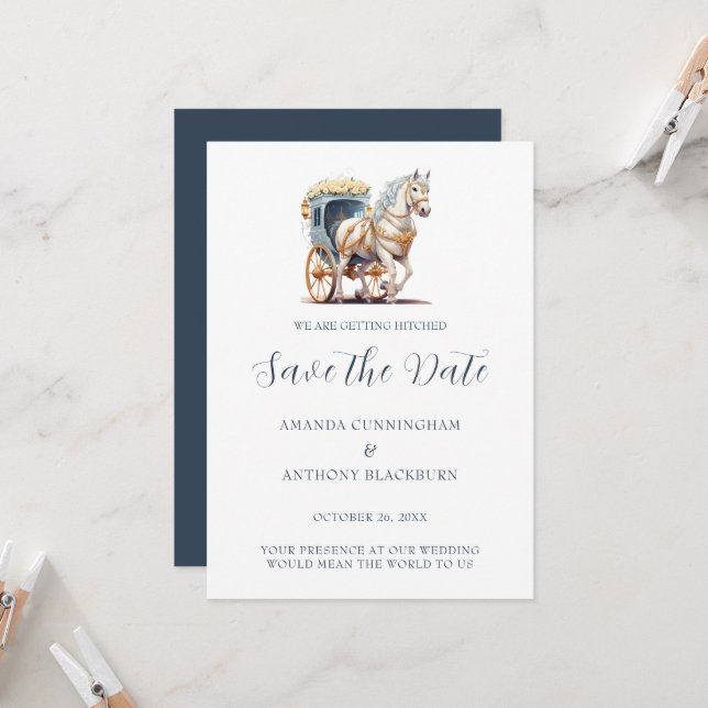 Elegant Horse Drawn Carriage Wedding Save the Date Invitation (Front/Back In Situ)