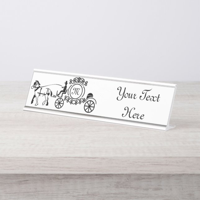 Elegant Horse Drawn Wedding Wagon Monogram Desk Name Plate (Front)