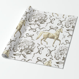 Elegant Horse Hydrangea Bows Beige White Toile Wrapping Paper