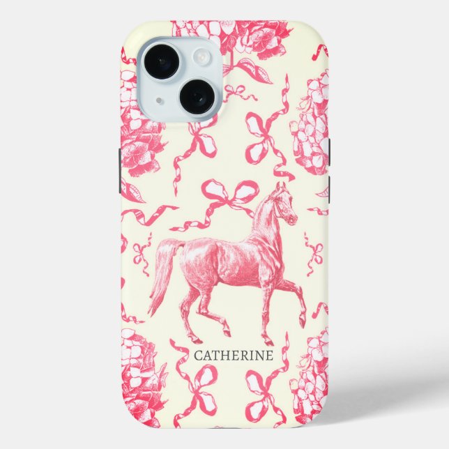 Elegant Horse Hydrangea Bows Red White with Name Case-Mate iPhone Case (Back)