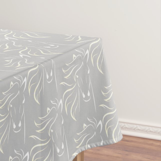 Elegant Horse Pattern on Silver Grey Tablecloth (In Situ)