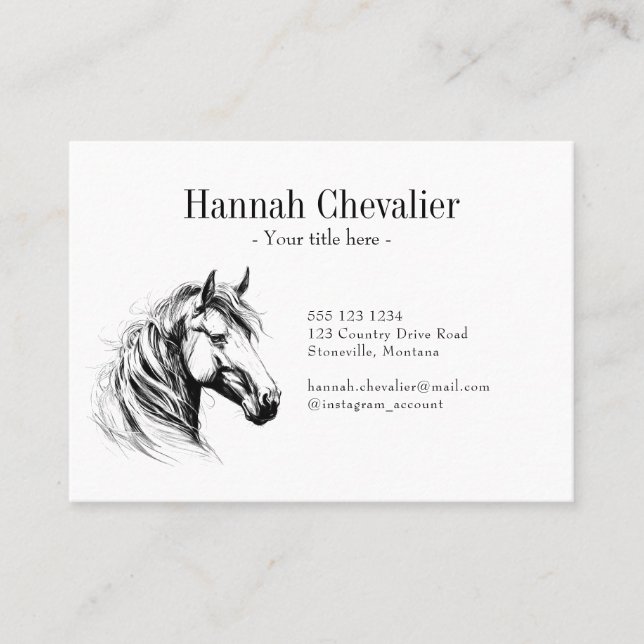 elegant horse sketch black and white equestrian business card (Front)