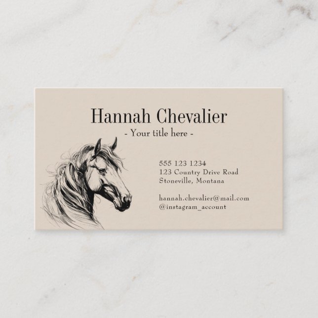 Elegant Horse Sketch Rustic Wood Equestrian Business Card (Front)