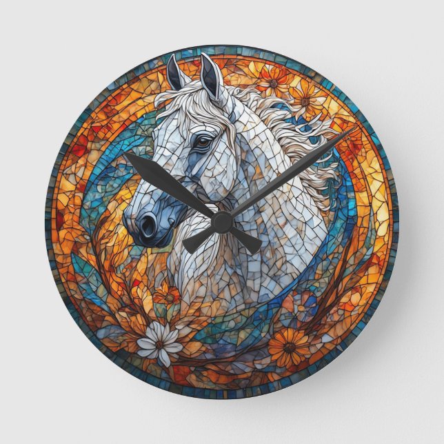 Elegant Horse Stained Glass Portrait Round Clock (Front)