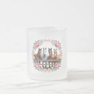 Elegant Horses in Floral Wreath Art Frosted Glass Coffee Mug