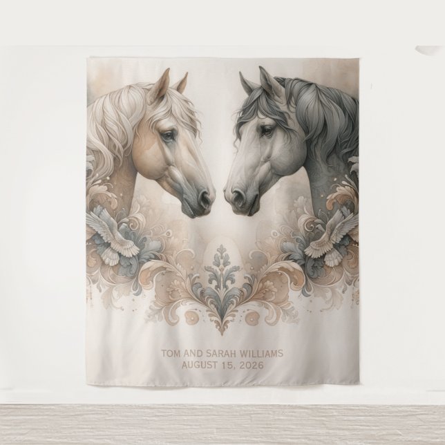 Elegant Horses Wedding Backdrop Tapestry (Front)
