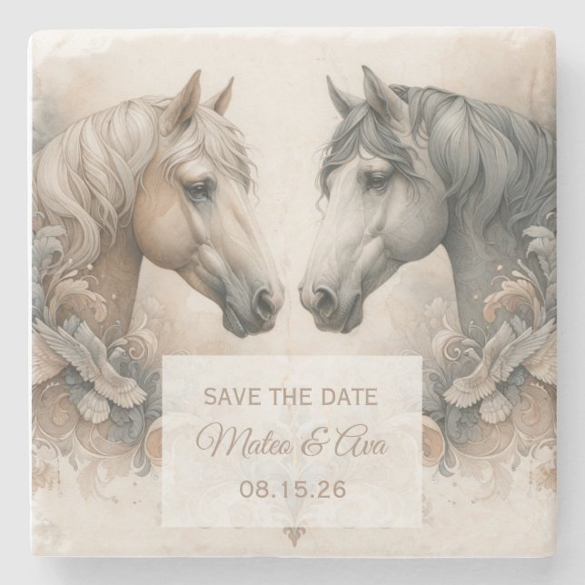 Elegant Horses Wedding Save the Date Stone Coaster (Front)