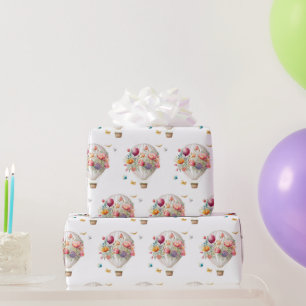 Elegant Hot Air Balloon and Watercolor Flowers Wrapping Paper