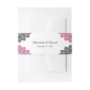 Elegant Hot Pink and Black Floral Lace Wedding Invitation Belly Band