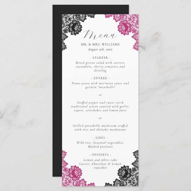 Elegant Hot Pink and Black Floral Lace Wedding Menu (Front/Back)