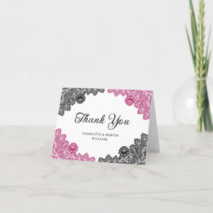 Elegant Hot Pink and Black Floral Lace Wedding Thank You Card