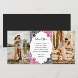 Elegant Hot Pink and Black Floral Wedding Photo Thank You Card