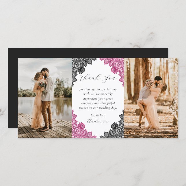 Elegant Hot Pink and Black Floral Wedding Photo Thank You Card (Front/Back)