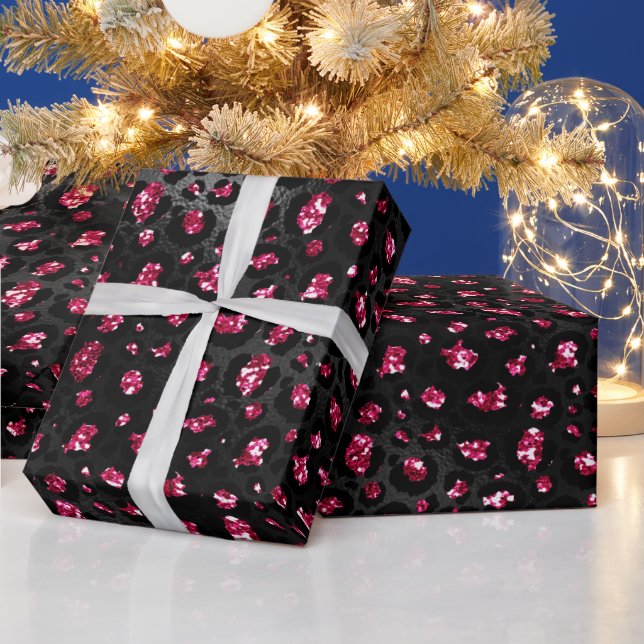 Elegant Hot Pink and Black Glitter Leopard Spots Wrapping Paper (Holidays)